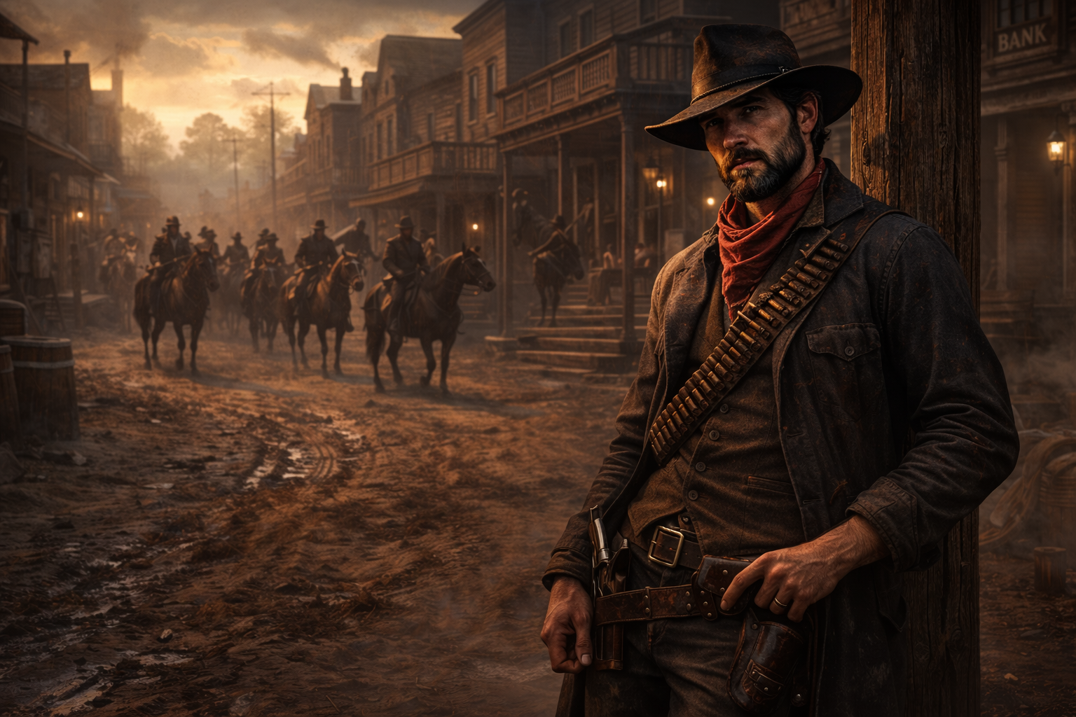 Cowboy und Pferde im staubigen Abendlicht